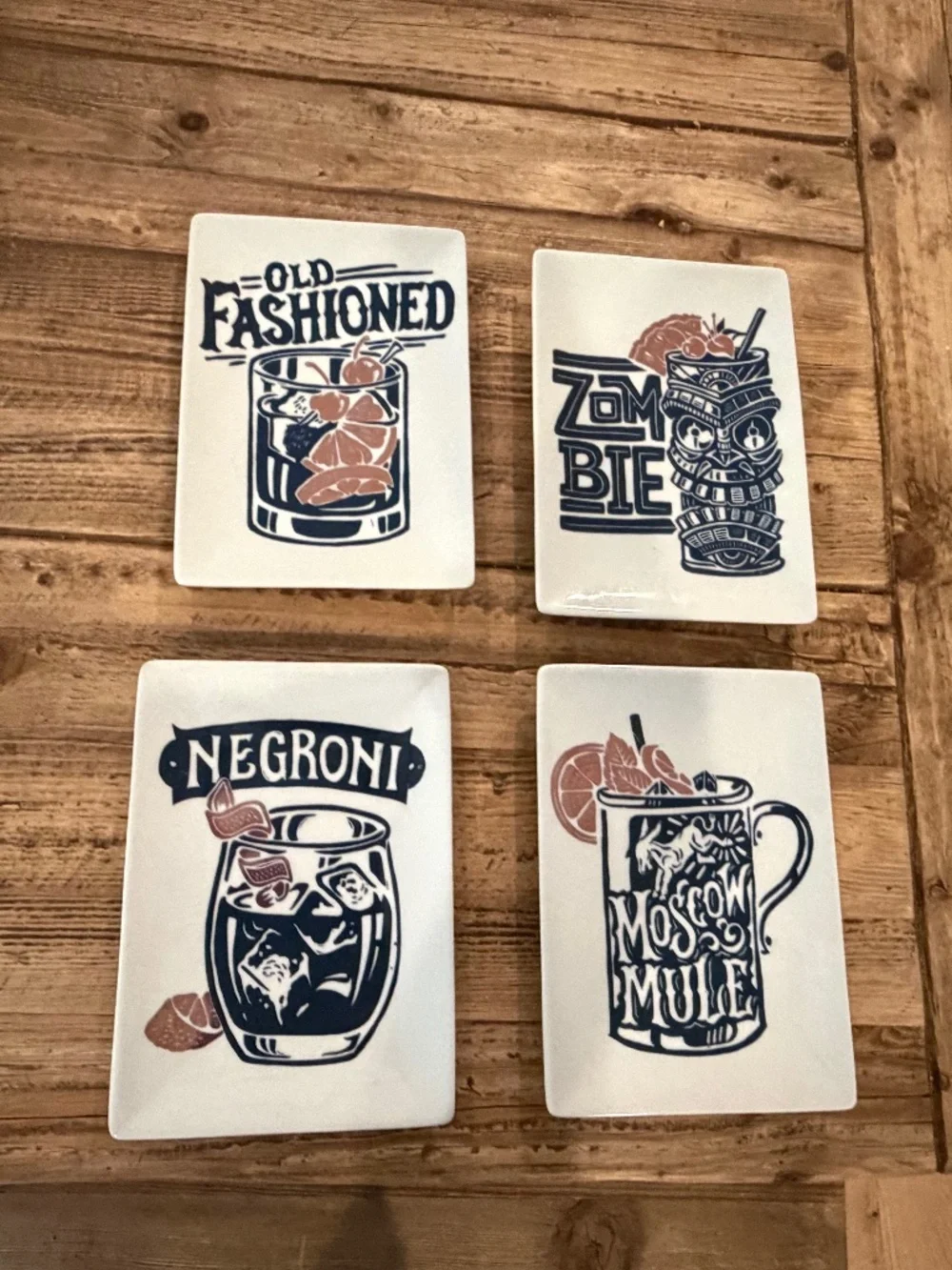 Crate & Barrel PLATES SET 4 MOSCOW MULE OLD FASHIONED ZOMBIE RECTANGLE 5 X 7